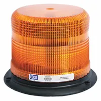 This ECCO vehicle flashing beacon features an amber LED with 11 selectable flash patterns. It operates on 12-48V DC and is rated SAE Class 2 for low-speed warning applications. The round beacon has a 6 11/16 in overall height, bolt mount, and blunt cut wires for electrical connection. Mounting hardware is included