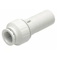 This polysulfone push-to-connect tube fitting connects 1/2 in OD tubing to 3/4 in OD tubing. The push-to-connect design allows tool-free installation, suitable for fluid and pneumatic systems requiring quick assembly