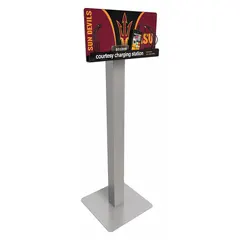 This pedestal charging station includes four 9-inch Type C cables and features custom graphics. Designed for floor-standing installation in public or commercial spaces, it provides convenient device charging for visitors.