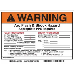 Adhesive vinyl sign, 5 in x 7 in, with warning for arc flash and shock hazards. Requires appropriate PPE and indicates flash protection boundary and hazard risk category. Not retroreflective, does not glow in the dark. Sold in packs of 5.