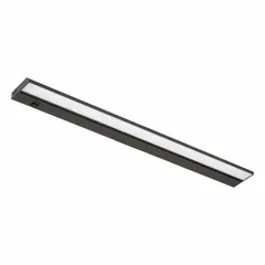 Linear LED under-cabinet light fixture with integrated LED source. Provides 1022 lumens with selectable color temperatures of 2700K, 3000K, or 4000K. Consumes 14.4 W and operates on 120V AC. Suitable for task and accent lighting in kitchens, workshops, and display areas. Finish: bronze. Installation: plug-in or hardwired.