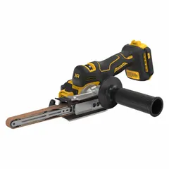 This cordless band file accepts 1/2 in wide by 18 in long belts and features 104° rotation for versatile positioning. It is a bare tool (battery and charger not included) designed for material removal and finishing tasks on metal, wood, and plastic. Suitable for fabrication, maintenance, and repair work in tight spaces and on contoured surfaces.