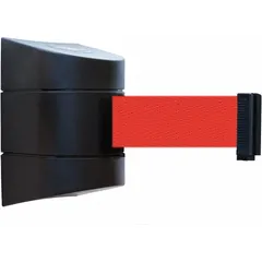 This wall-mount retractable belt barrier features a 30 ft red belt with no legend and a black frame. It is designed for permanent installation using a fixed mounting plate, suitable for crowd control and pedestrian guidance in commercial and industrial environments.