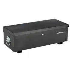 This steel tool box measures 36 inches wide, 14 1/4 inches deep, and 10 5/8 inches high. It has a black finish, a hinged lid, and a keyed lock for security. Suitable for storing tools and equipment in workshops, garages, and job sites.