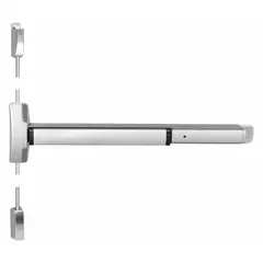 This surface vertical rod push bar is constructed of stainless steel and is designed for doors up to 36 inches wide. It features a touchbar for push-pad operation and is intended for use as an exit device on commercial or institutional doors requiring code-compliant egress. The device does not include a cylinder and is not ligature-resistant.