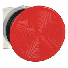 Red metallic mushroom-head push-button operator from the SCHNEIDER 9001K series. Momentary action with 30 mm mounting size. Suitable for use in industrial control panels as a large, easy-to-actuate operator for start or stop functions.
