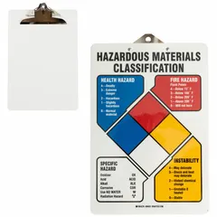 This BRADY safety clipboard is designed for displaying NFPA hazard labels in English. With a 9-inch overall width, it is suitable for use in industrial facilities to communicate chemical and fire risks. The clipboard provides a portable surface for hazard communication documentation.