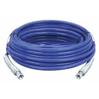 This GRACO airless hose features a blue nylon tube and nylon cover, with a 1/4 in inside diameter and 50 ft overall length. It is designed for transferring paints in airless paint sprayer systems, providing flexibility and reach for painting applications