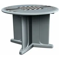 This 48-inch diameter round table features a gray polyethylene construction with an X-base design. It includes a game top and accepts ballast for added stability. Suitable for commercial break rooms, cafeterias, or outdoor seating areas.