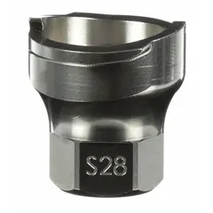 This stainless steel S28 adapter connects PPS series spray gun cups to compatible spray guns. It features an M17.5x19 thread size and is used in industrial painting and coating applications.