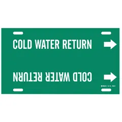 Strap-on pipe marker for cold water return lines. Green background with white legend and directional arrows. Fits pipe outer diameters from 8 to 9-7/8 inches. Includes one marker.