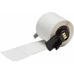 White matte-finish precut label roll for cryogenic thermal transfer printing. Label width and height are 1 1/4 in, roll length is 1 1/4 in. Compatible with M710 printer series when used with a Media Adapter. Suitable for labeling pipes, containers, and equipment in low-temperature industrial environments.