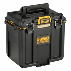 Plastic tool box in black/yellow with latch closure. Dimensions: 15 3/8 in W x 10 in D x 13 13/16 in H. Suitable for storing and transporting tools and accessories on job sites.