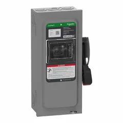 The SCHNEIDER VH361N is a 30 A, three-phase fusible safety switch rated for 600V AC/DC. Housed in a galvanized steel enclosure for indoor use, it provides a visible disconnect means for motors, machinery, and power distribution panels, enabling safe maintenance and emergency shutdown.