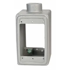 This rectangular iron weatherproof electrical box from Appleton Electric has a 1-gang configuration with a 1/2-inch hub and 18 cubic inch capacity. Finished in gray, it is suitable for outdoor or damp-location junction and pull-box applications, providing protection for wiring in industrial and commercial environments.