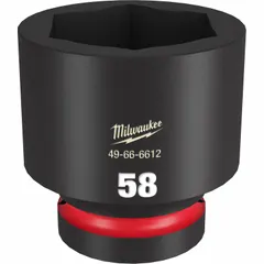 This 1" drive impact socket features a 58 mm metric, 6-point configuration for standard-duty fastening and loosening of heavy-duty bolts and nuts. The black phosphate finish provides corrosion resistance, and the friction ring retention system secures the socket on the impact wrench. Suitable for industrial maintenance, construction, and equipment assembly.