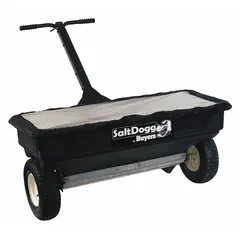 This manual walk-behind spreader is designed for distributing salt or ice melt on surfaces such as driveways, walkways, and parking lots. It features a steel frame and a manual lever flow control for adjusting the application rate. With a 200 lb capacity and a maximum spread width of 3.66 ft, it is suited for snow removal and de-icing tasks.