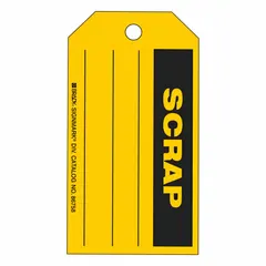 Yellow rectangular paper tag with header wording 'Scrap'. Measures 5 3/4 in wide by 3 in high. For indoor use. Pack of 100. Used to identify materials designated for scrap in industrial facilities.