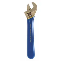 This adjustable wrench is constructed from aluminum bronze with a natural finish. It has an overall length of 8 3/8 inches and a jaw capacity of 1 1/8 inches. The nonsparking and insulated properties make it suitable for use in environments where avoiding sparks and electrical conductivity is required.