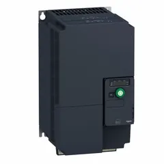 The SCHNEIDER Altivar ATV320D15M3C412 is a compact variable speed drive with three-phase 200-240V AC input and three-phase output rated at 20 hp. It features an IP20 enclosure and a Black/Blue/Gray color scheme, with no bypass. This drive is used for speed control of three-phase induction motors in applications such as conveyors, pumps, fans, and compressors.