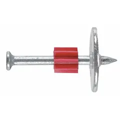 Pack of 100 pins with attached washers for use with powder-actuated tools. Features a 0.3 in head diameter and 0.15 in shank diameter. Commonly used for fastening materials such as furring strips, electrical boxes, and metal decking to concrete or steel.