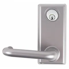 This mechanical exit device trim is a lever-type outside trim for exit push bars. Constructed of silver aluminum, it is designed for doors up to 36 inches wide. Suitable for commercial and industrial applications requiring secure egress and access control.