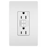 Duplex GFCI receptacle rated 125V AC and 15A with 5-15 configuration, 2-pole/3-wire design. White finish. Isolated ground for sensitive electronic equipment. Provides ground fault protection for areas where water may be present
