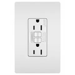 Duplex GFCI receptacle rated 125V AC and 15A with 5-15 configuration, 2-pole/3-wire design. White finish. Isolated ground for sensitive electronic equipment. Provides ground fault protection for areas where water may be present.