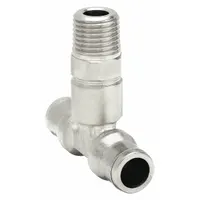 This nickel-plated brass tee fitting connects a 1/4 in MBSPT male pipe thread to two 10 mm OD push-to-connect tube ports. The push-to-connect design enables tool-free assembly and disassembly for pneumatic or fluid systems. Typical applications include branch connections in industrial automation, packaging, and material handling equipment