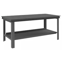 Fixed-height steel workbench with a lower shelf for storage. Work surface measures 72 x 36 inches. Overall load capacity of 14,000 lb. Gray finish. Suitable for heavy-duty assembly, maintenance, and fabrication tasks in industrial workshops and warehouses.