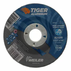General purpose grinding wheel for soft metals, featuring aluminum oxide abrasive with 24 grit. Type 27 depressed-center design measures 4-1/2" diameter by 1/4" thickness with a 7/8" arbor hole. Suitable for material removal on mild steel, aluminum, and non-ferrous alloys.