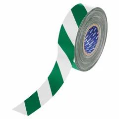 Green/white striped floor marking tape with 22 mil thickness and polyester backing. Used for marking aisles, hazard zones, and storage areas in industrial facilities to indicate safe pathways or equipment locations.