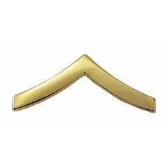 Gold metal chevron rank insignia for Private (PVT), measuring 1 inch. Features a clutch pin attachment for secure fastening to uniform fabric. Suitable for military dress uniforms, ceremonial attire, or display purposes.