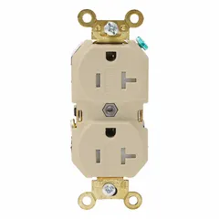 General purpose duplex receptacle rated 125V AC, 20A, NEMA 5-20 configuration, 2 pole/3 wire. Ivory finish. Suitable for powering equipment and appliances in commercial and industrial settings requiring a 20-amp, 125-volt outlet.