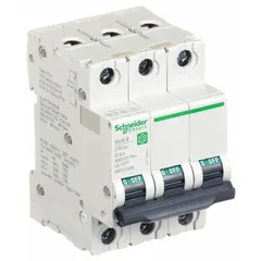 This 3-pole supplementary protector from the C60SP series features a D-curve trip characteristic and a 6 A current rating. It is rated for AC voltages up to 440 V and provides a maximum interrupting rating of 14 kA at 240 V AC. The unit uses screw clamp terminals and is designed for DIN rail mounting, suitable for overcurrent protection in control panels and similar applications.