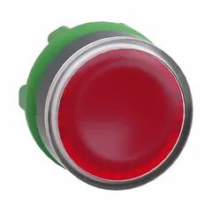 Red illuminated flush-mount push-button operator from the XB5 series with maintained action. Non-metallic construction for 22 mm mounting. Suitable for use as a maintained illuminated operator in industrial control panels and machinery.