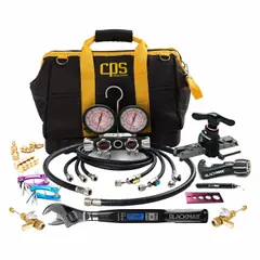 Analog mini-split manifold gauge and tool kit for servicing, charging, and evacuating mini-split air conditioning systems using R-410A refrigerant. Includes two valves, four hoses, a 3 1/8 in gauge, and 5 ft charging hoses.