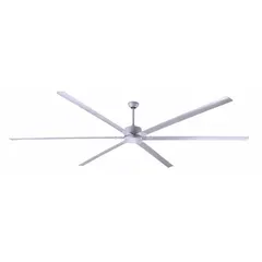 The CANARM CP96PG is an industrial HVLS ceiling fan from the Fanbos series, featuring an 8 ft blade diameter and 5 speeds. It operates on 120V AC single-phase power with a current draw of 0.9 A, delivering airflow suitable for large commercial and industrial spaces such as warehouses and factories. This model does not include a light kit.