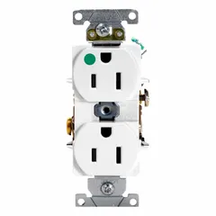 This LEVITON duplex receptacle is a hospital-grade device rated 125V AC and 15A with a NEMA 5-15R configuration. The white finish suits general-purpose electrical installations in settings requiring robust power delivery. Typical applications include patient rooms, clinics, and laboratories.