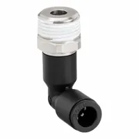This LEGRIS tube fitting is a 90° elbow with a BSPT male thread on one end and a push-to-connect fitting for 4 mm OD tubing on the other. Constructed from nylon and nickel-plated brass, it provides a compact connection for pneumatic or fluid systems. The 19 mm overall length allows for space-saving installations in confined layouts