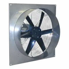 Direct-drive box exhaust fan with a 16-inch blade and 1/4 hp totally enclosed air-over motor. Delivers 2,810 cfm at 115V AC. Ships fully assembled for wall or window mounting. Suitable for general ventilation in industrial and commercial spaces to remove heat, fumes, and stale air.