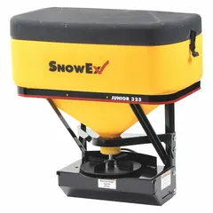 Vehicle battery-powered broadcast spreader constructed with steel and poly. Designed for mounting on tractors, trucks, and UTVs via receiver hitch. Used for distributing ice melt or sand on parking lots, driveways, and roads.