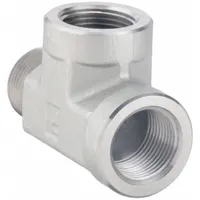This steel pipe tee is a hydraulic threaded extreme-pressure fitting with a 1/8 in x 1/8 in x 1/8 in size, rated for 5,000 psi maximum operating pressure. It is used to split or combine fluid flow in high-pressure hydraulic systems, such as power units and machine tool circuits