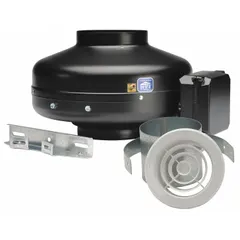 This inline duct fan kit is designed for general ventilation applications in residential or light commercial settings. It operates on 120V AC, single-phase power, delivering up to 153 cfm through a 4-inch duct. The unit features a single-speed, standard-efficiency motor, is speed controllable, and includes a mounting bracket. The galvanized steel construction with IP44 rating provides protection against splashing water.