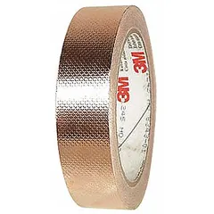 This general-purpose foil electrical tape is designed for grounding, shielding, and splicing applications. It features a conductive foil backing with a brown acrylic adhesive, rated for 600 V. The tape provides EMI/RFI protection and is suitable for use in electrical enclosures and cable assemblies.