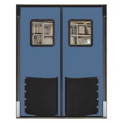 This washdown swinging door pair is constructed of blue polyethylene, each door measuring 5 ft wide by 8 ft high. It includes a polycarbonate window and door seals, suitable for industrial environments requiring frequent cleaning and hygiene maintenance.