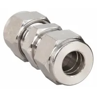 This double-ferrule stainless steel compression union connects two 10 mm OD tubes for leak-tight sealing in high-pressure fluid or gas systems. It is used in instrumentation, chemical processing, and hydraulic applications requiring vibration-resistant connections