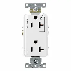 General-purpose duplex receptacle rated 125V AC, 20 A, NEMA 5-20 configuration, 2-pole/3-wire, white. Suitable for supplying power to equipment and devices in commercial and residential settings.