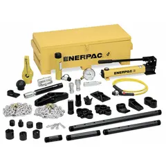 The ENERPAC MS210 maintenance set includes a 10-ton nominal capacity cylinder (RC-106) and a P-392 pump, with a 5-ton capacity when using attachments. Designed for industrial maintenance tasks such as pressing, bending, and pulling, this set provides controlled lifting and force application.