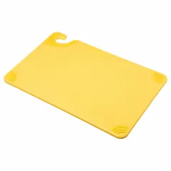 This yellow co-polymer cutting board measures 18 inches in length and 12 inches in width. It is NSF certified for sanitation compliance. The board is suitable for food preparation tasks in commercial kitchens, delis, and food processing facilities, where color coding helps designate specific use zones to prevent cross-contamination.